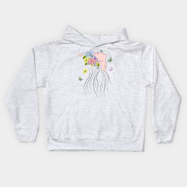 Woman with Spring Flowers and Butterflies Kids Hoodie by Cool Abstract Design
